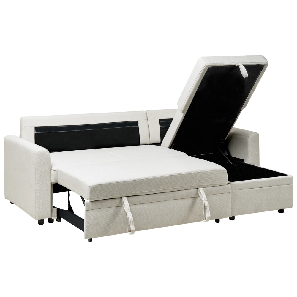 Divano letto angolare con contenitore lato sinistro beige chiaro rivestimento in poliestere effetto lino contenitore cuscini design moderno