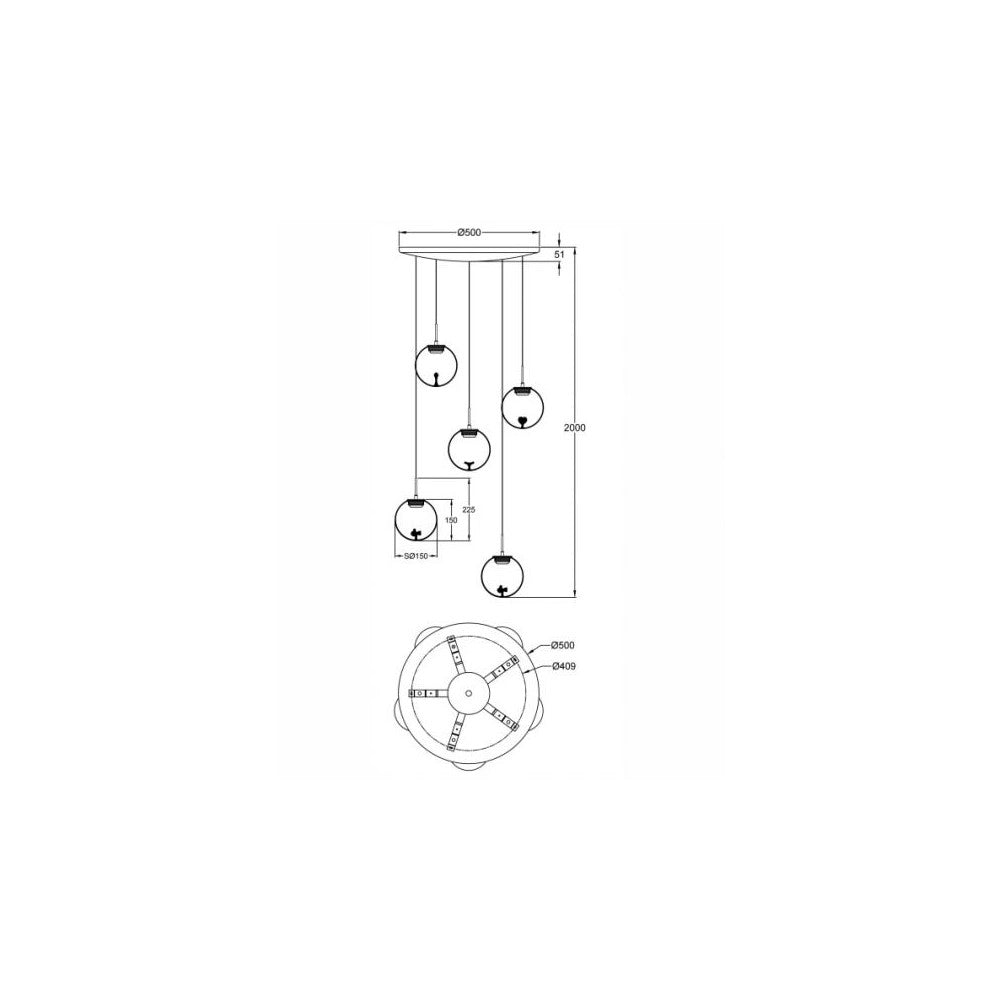 Ariel - Lampada a sospensione circolare 5 luci con forme Fabas Luce - LED 35W dimmerabile - Trasparente Rosone rotondo d.50cm