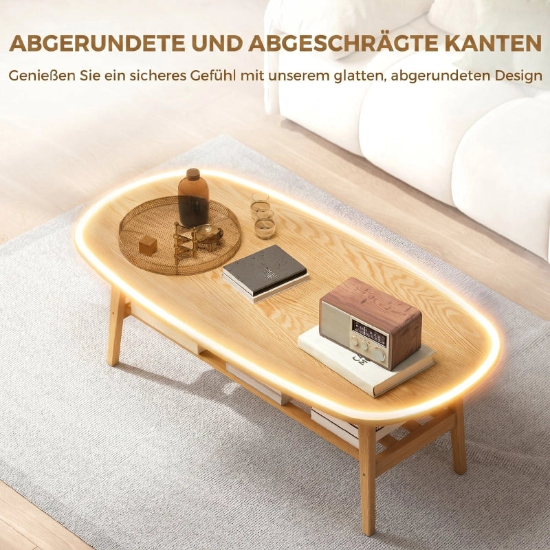 Tavolino basso ovale con ripiano inferiore, per soggiorno e uso quotidiano, 120 × 60 × 42 cm, effetto legno naturale