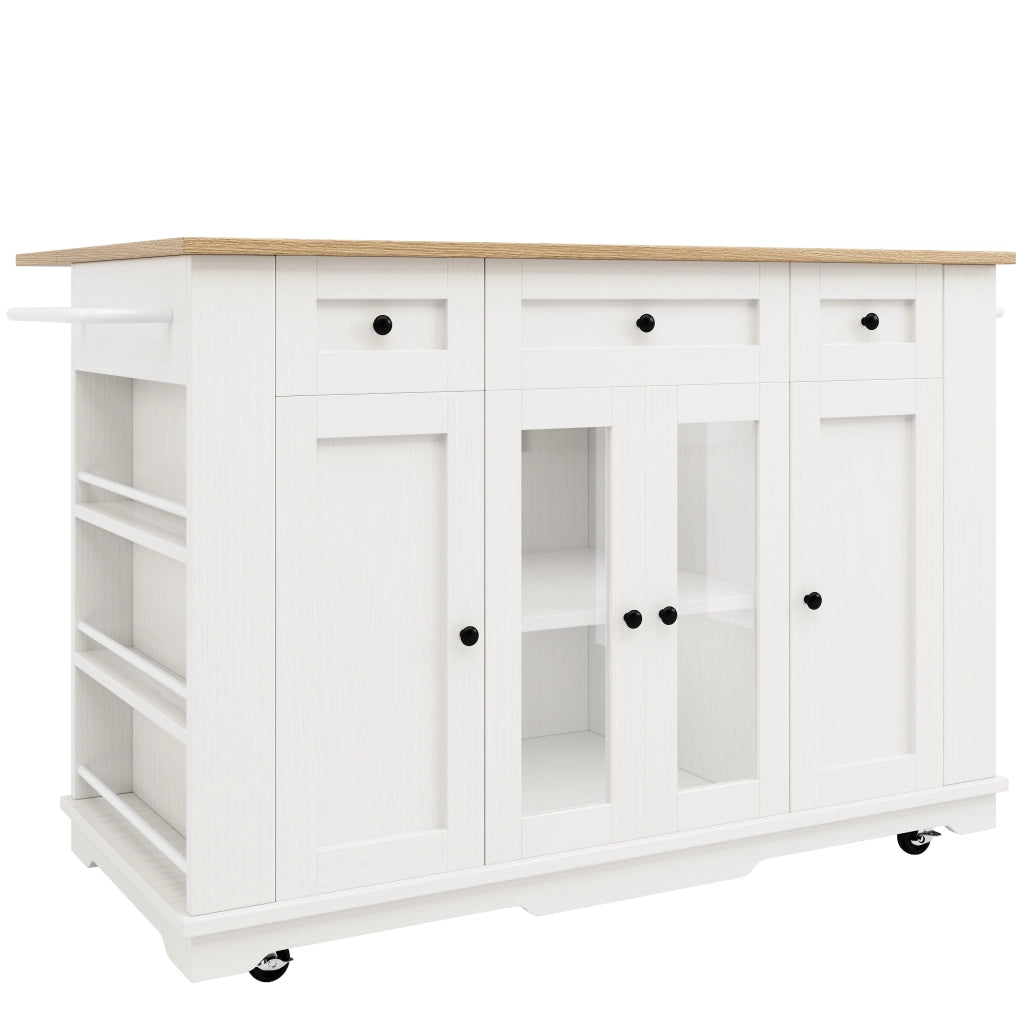 Carrello da Cucina con 1 Cassetto; Piano Ribaltabile; Vetro Temperato e Ripiani; in MDF; Bianco e Naturale