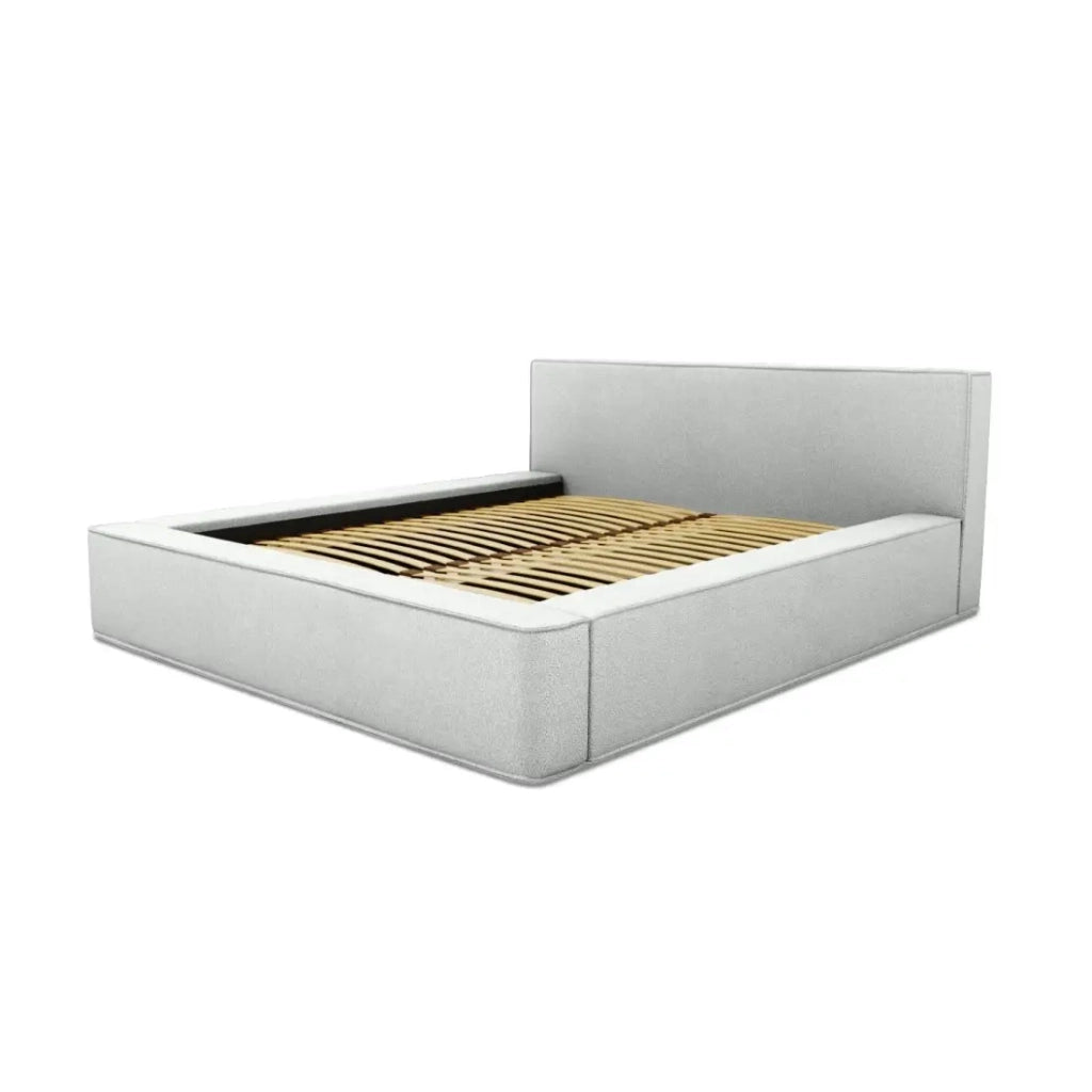 Letto contenitore VELORA – Bianco riccioluto – 180x200 cm – Tessuto effetto lana – Rete sollevabile – Contenitore integrato