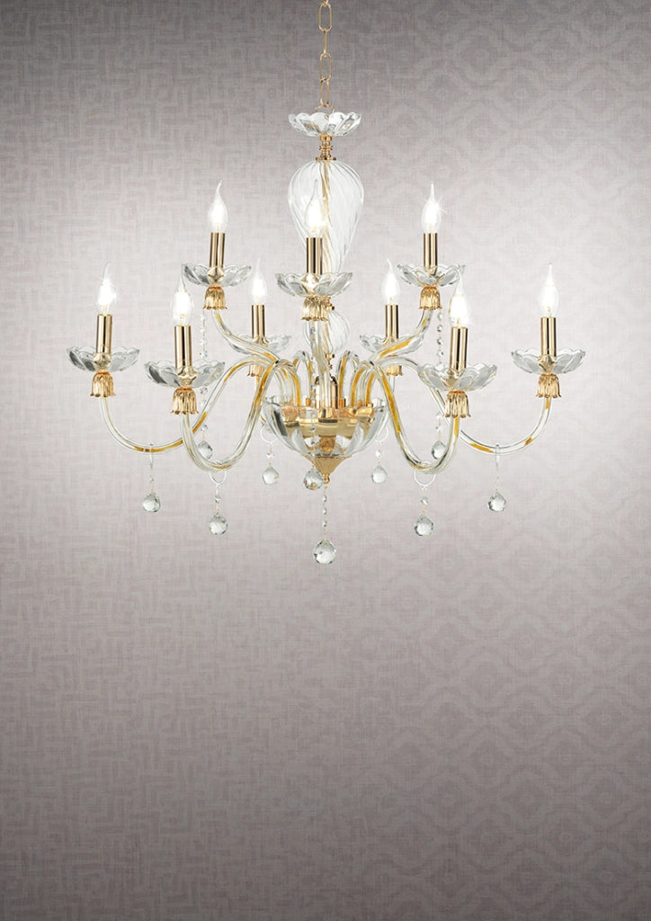 LAMPADARIO ROXANNE 9 LUCI ATTACCO E14 D.86CM ORO E TRASPARENTE