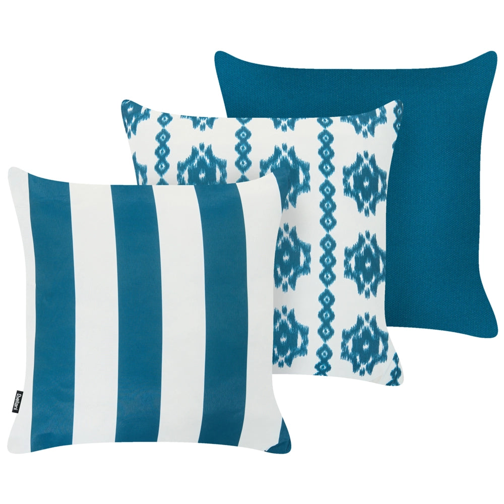 Set di 3 Cuscini Decorativi da Esterno Bianco e Blu in Poliestere per Giardino