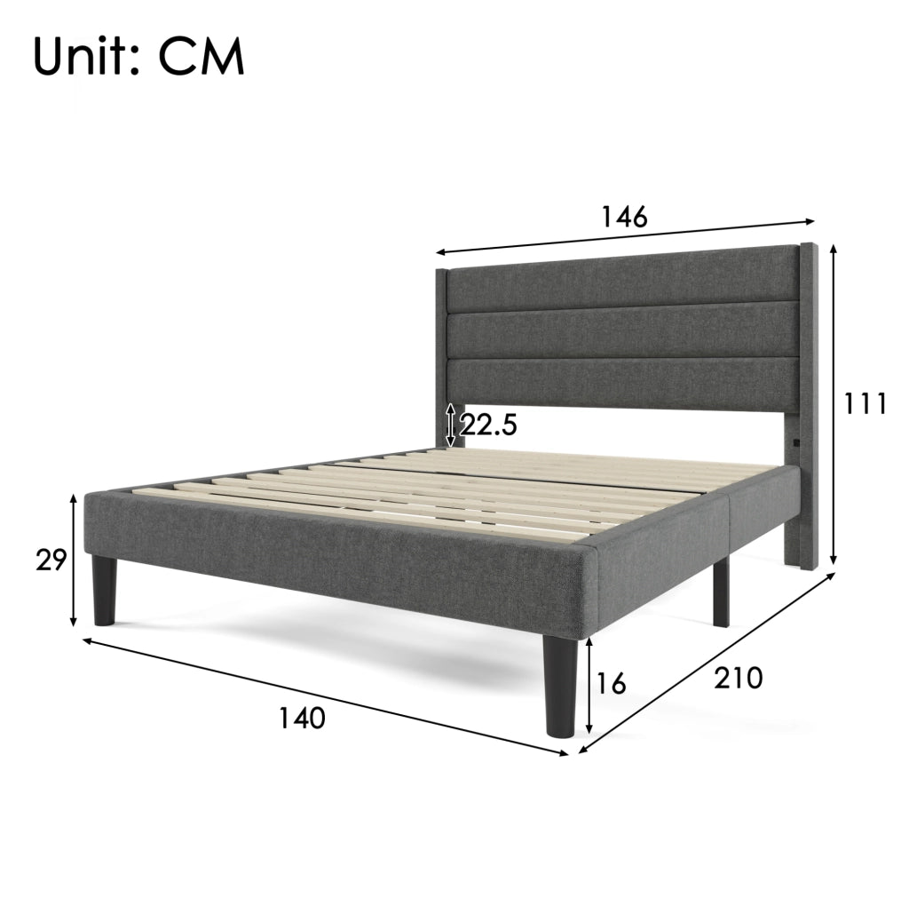 Letto imbottito 140x200 cm; testiera trapuntata; lino grigio scuro (Senza materasso)