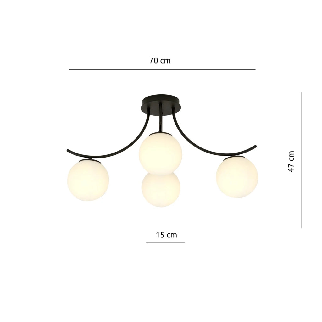 Plafoniera Moderna 4 Luci Coeo In Acciaio Nero E Diffusori In Vetro Opale