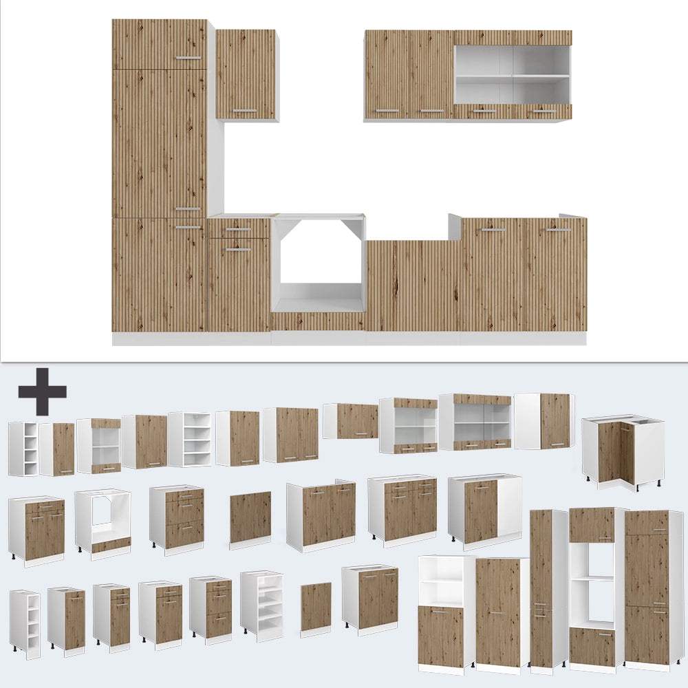 Cucina componibile R-Line Rovere artigianale/Bianco 300 cm, PL Rovere Vicco