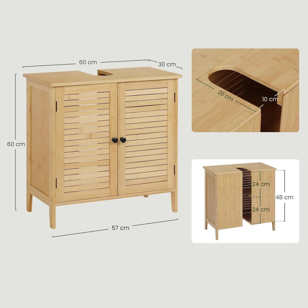 Armadio Sottolavabo in Bambù per Bagno, Organizzatore per Accessori da Bagno, Resistente all'Umidità, Traspirante, con Sifone 20x10 cm, Ripiano Regolabile, 60x30x60 cm