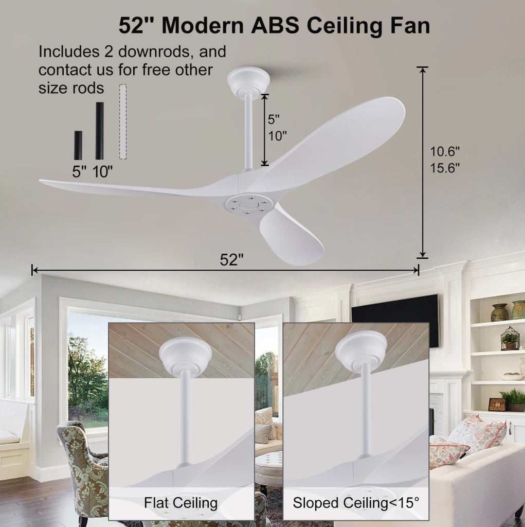 Ventilatore da soffitto 52 pollici senza luce con telecomando; motore DC reversibile; bianco