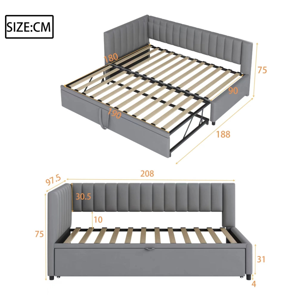 Divano letto a L estraibile in velluto grigio 90 x 200 cm