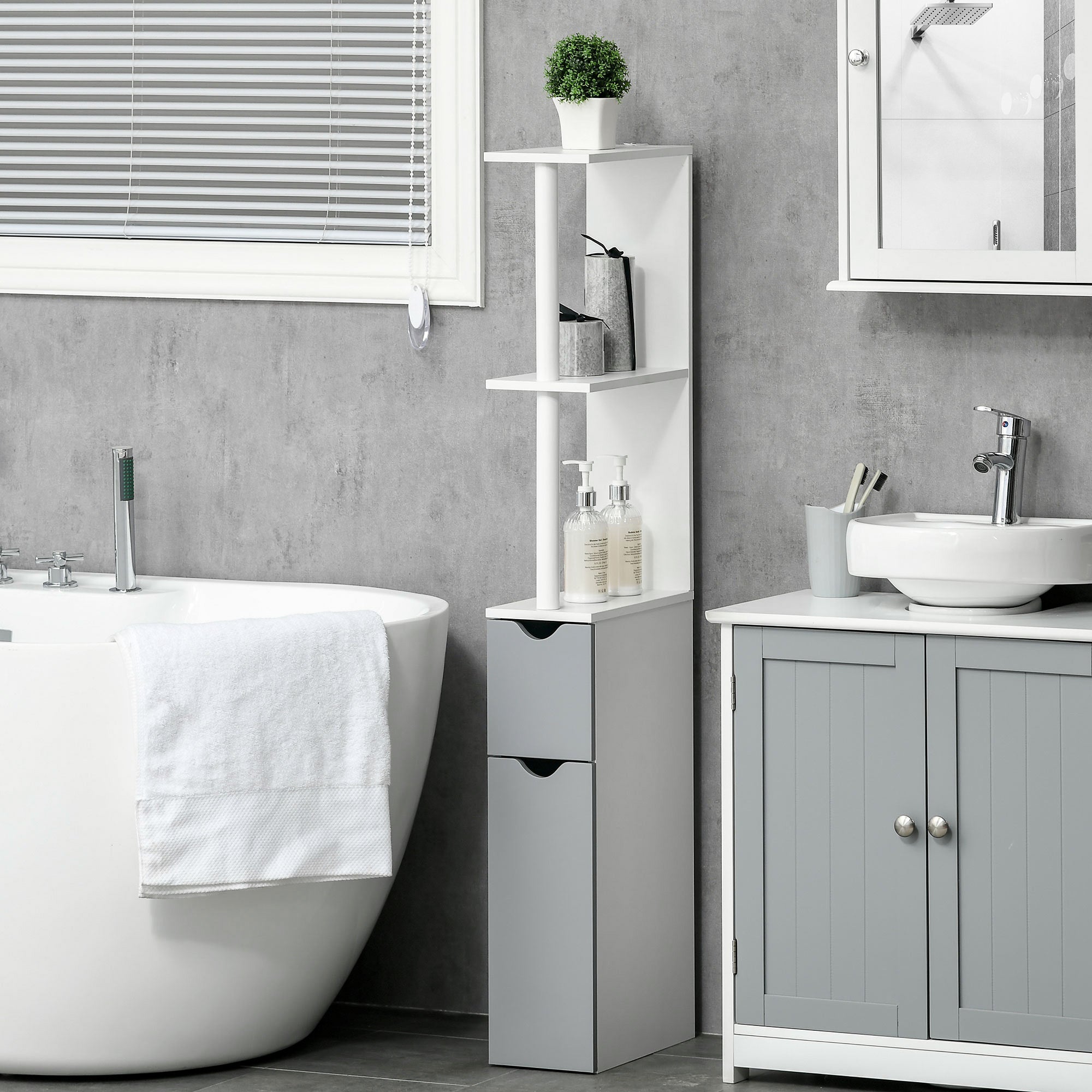 Mobile a Colonna da Bagno 15,2x29,8x118 cm in Legno Bianco e Grigio