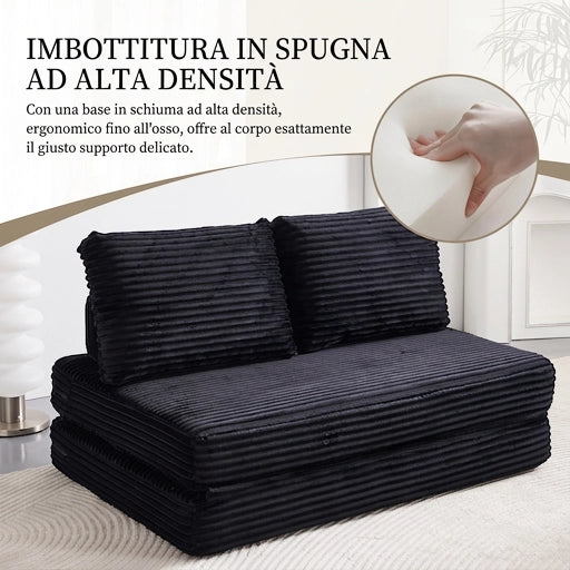 Divano letto a due posti 140 cm multifunzionale senza braccioli in velluto a coste; nero