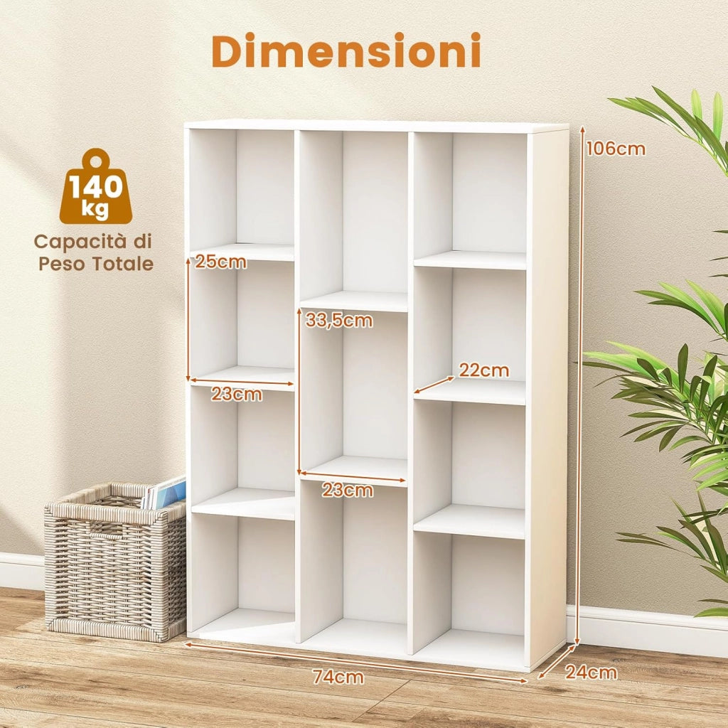 Libreria a 11 Cubi, Scaffale Moderno Geometrico con Kit Anti-Ribaltamento, Organizzatore di Libri Multifunzionale per Soggiorno Camera da Letto Studio, 74 x 24 x 106 cm (Bianco)