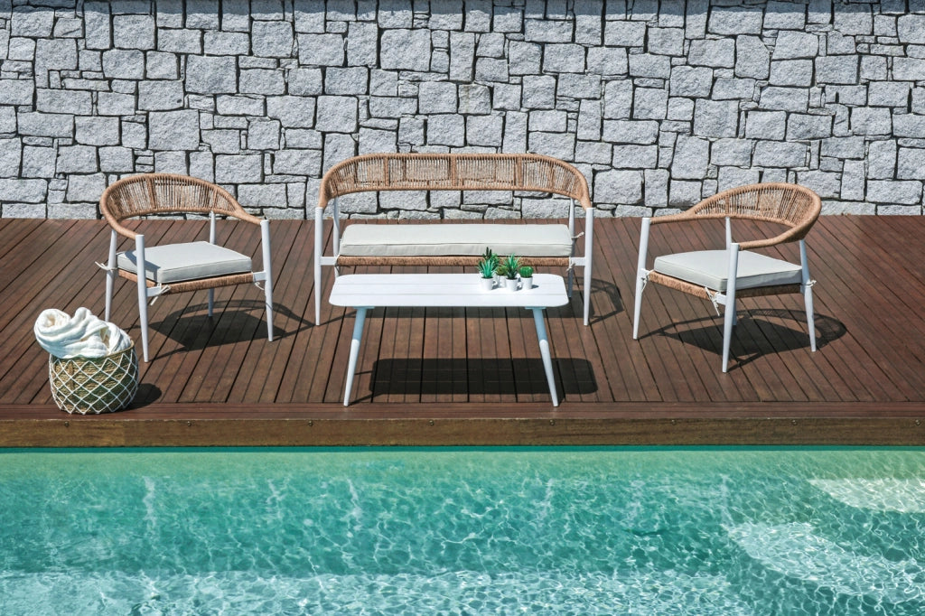 Cheonda - Set Milano - Composto Da 2 Poltrone, 1 Divano E Un Tavolino Con Piano A Doghe Di Alluminio 100 X 55 X 45 Cm - Struttura In Alluminio   B - Seduta E Schienale In Twist Wicker Ø 5 Mm Paglia - Cuscini Sfoderabili Colore: Grigio