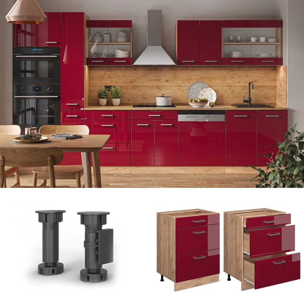 Mobiletto base per cucina R-Line Rosso lucido/Rovere dorato 60 cm con cassetti, senza piano di lavoro Vicco
