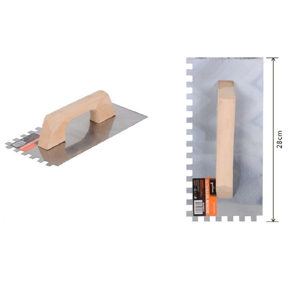 Trade Shop - Frattone Cazzuola In Acciaio 28 Cm Manico Legno Spatola Dentata Muratore 90513 -