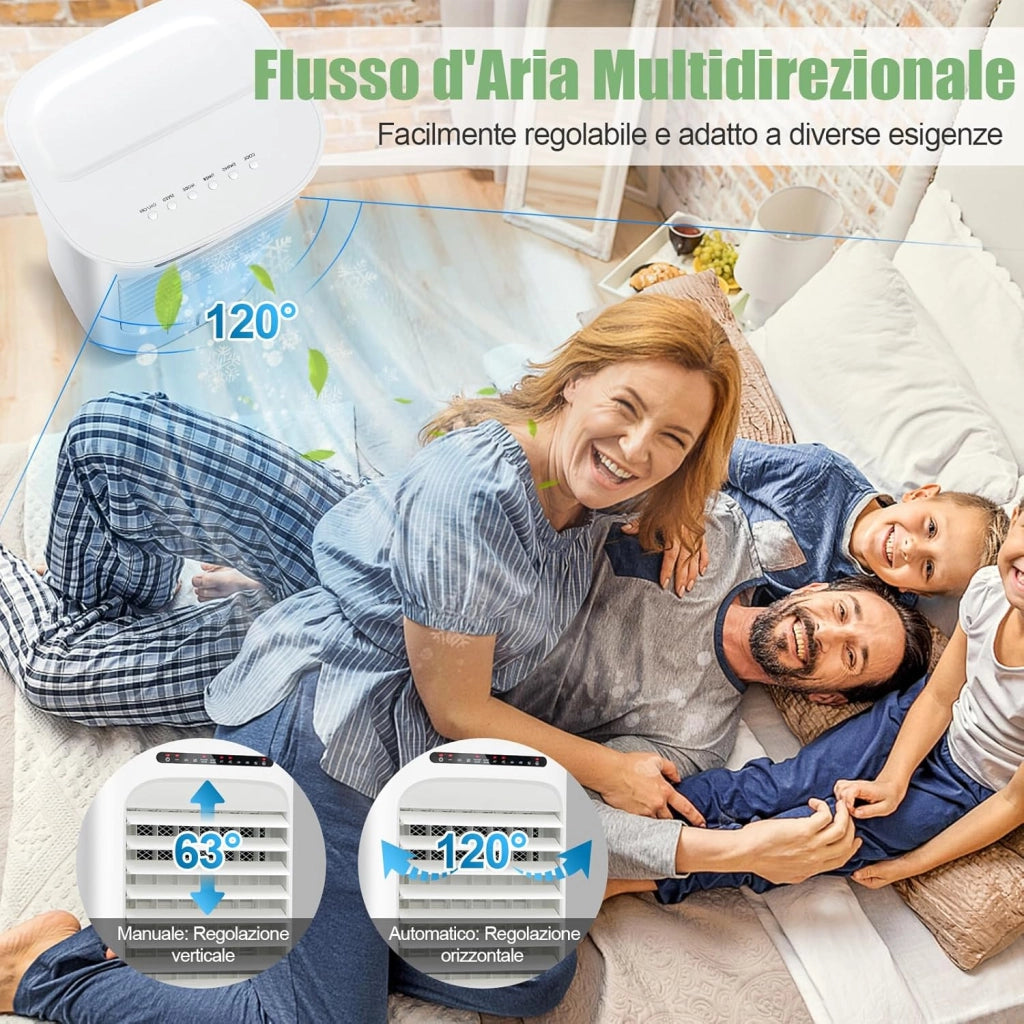 Ventilatore Condizionatore Portatile, 4 in 1 Ventilatore, Umidificatore, Purificatore d'Aria, Climatizzatore, Timer 15H, 3 Modalità & 3 Velocità, Telecomando, 2 Confezioni di Raffreddamento