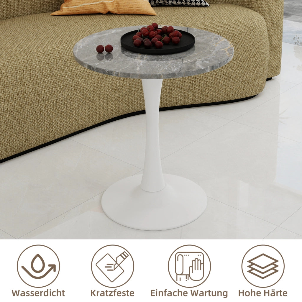 Tavolo da pranzo - rotondo 70 cm - stile mid-century - marmo grigio scuro - per 2-4 persone - bianco