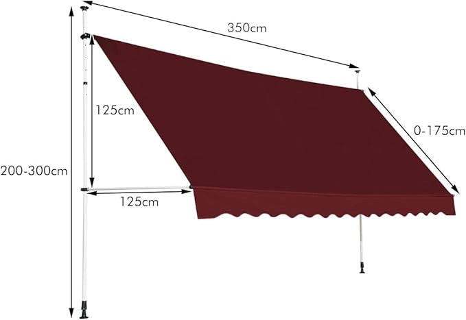Tenda da Sole per Esterno, Tenda da Sole a Morsetto per Balcone con Struttura Telescopica e Tessuto Resistene ai Raggi Solari, Regolabile in Altezza e in Angolazione (350 cm,Rosso)