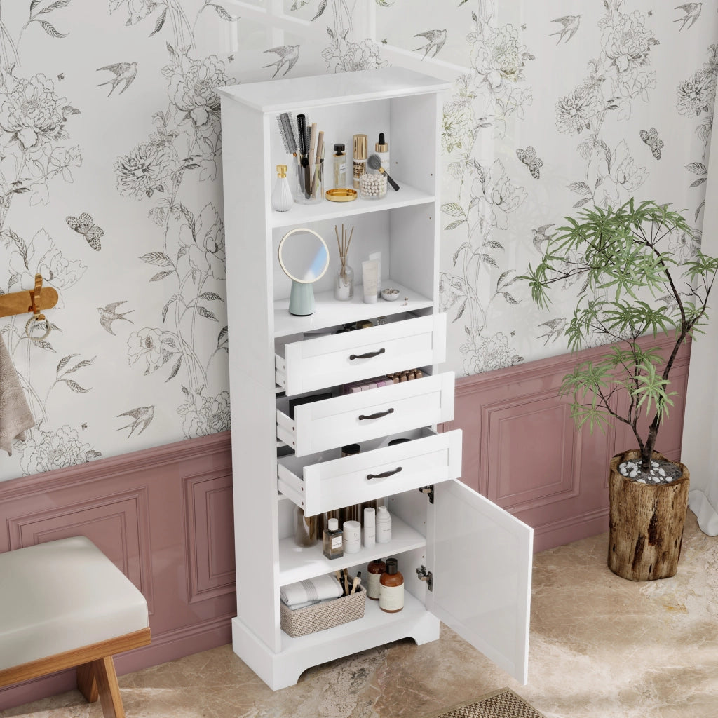 Armadietto da bagno con 1 anta 3 cassetti e vani aperti con ripiani regolabili in MDF bianco 56 × 25,6 × 167 cm