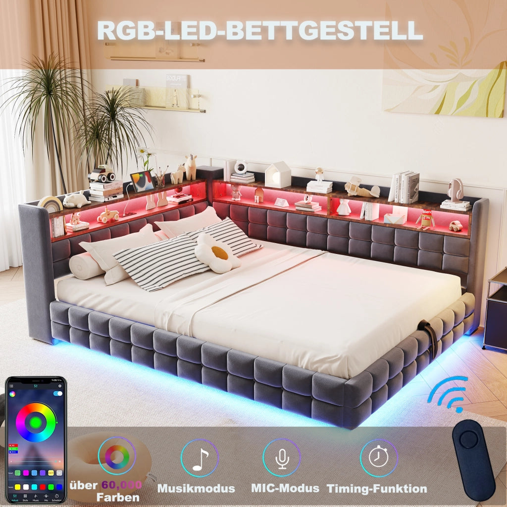 OKWISH Letto con Contenitore 140×200 cm, Letto Matrimoniale con LED, USB, Tipo C e Mensole, senza Materasso, Imbottito, Grigio