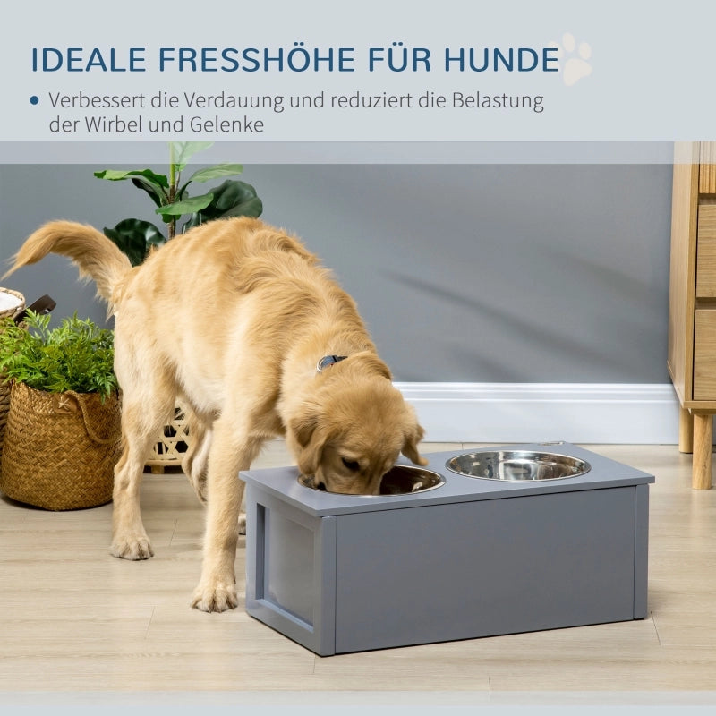 Scaffale rialzato con due ciotole in acciaio inox e cassetto per cani medi grigio 60 × 30 × 24 cm