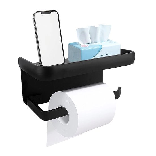 Sostegno per carta igienica con pannello - Autoadesivo e fissaggio alla parete - Struttura in alluminio - Per bagno/cucina - Nero