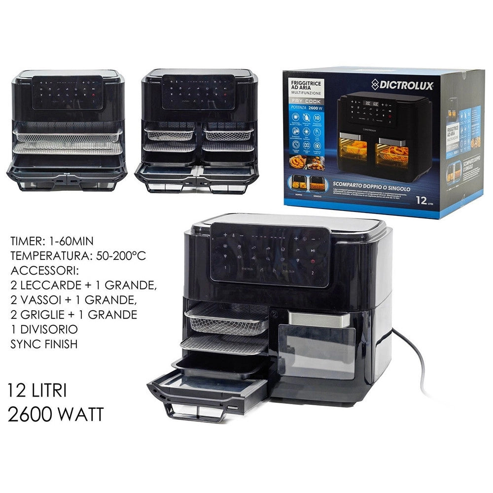 Trade Shop - Forno + Friggitrice Ad Aria Multifunzione Con Doppio Secchio Staccabile 12lt 2600w -