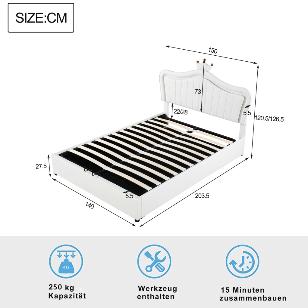 Letto imbottito per bambini 140x200 cm con contenitore; LED e testiera a conchiglia in PU bianco