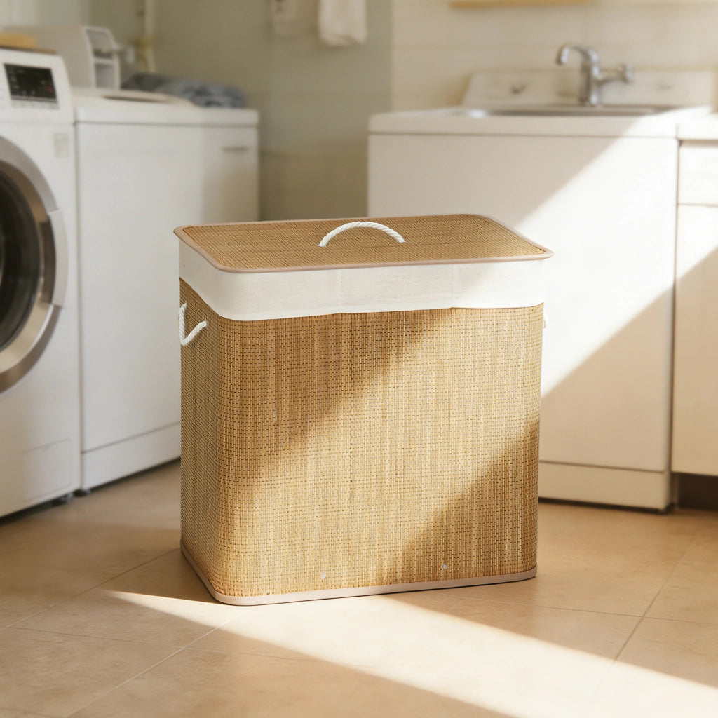 Cesto Portabiancheria 60x40x60 cm con Coperchio 3 Scomparti 144L con Sacca Removibile e Lavabile in Bambù Marrone