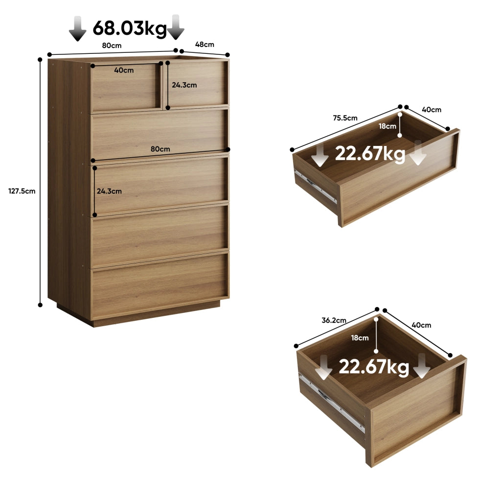 Cassettiera moderna a 6 cassetti 80x48x127 cm in MDF e truciolare; colore rovere
