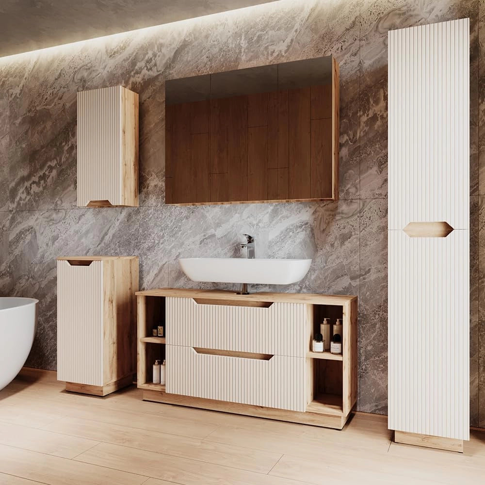 Set di mobili da bagno Lotta, Rovere/cashmere a righe, 5 parti