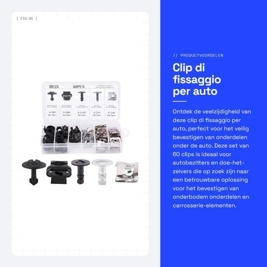 Set di Clip Universali 60 pezzi - Clip per Auto Universali - Viti a Clip in Plastica - Resistente ai Vibrazioni - 5 Tipi diversi - Alta Qualità - Clip per Auto
