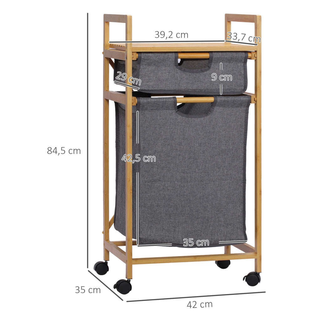 Cestino per Biancheria in Bamb¨´ con 2 Sacchetti e Ruote ¨C Zephmum ¨C Grigio 42x35x84,5 cm