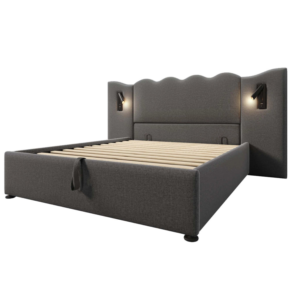 Letto matrimoniale 160x200 in lino grigio con luce da lettura, porte USB/Type-C e contenitore