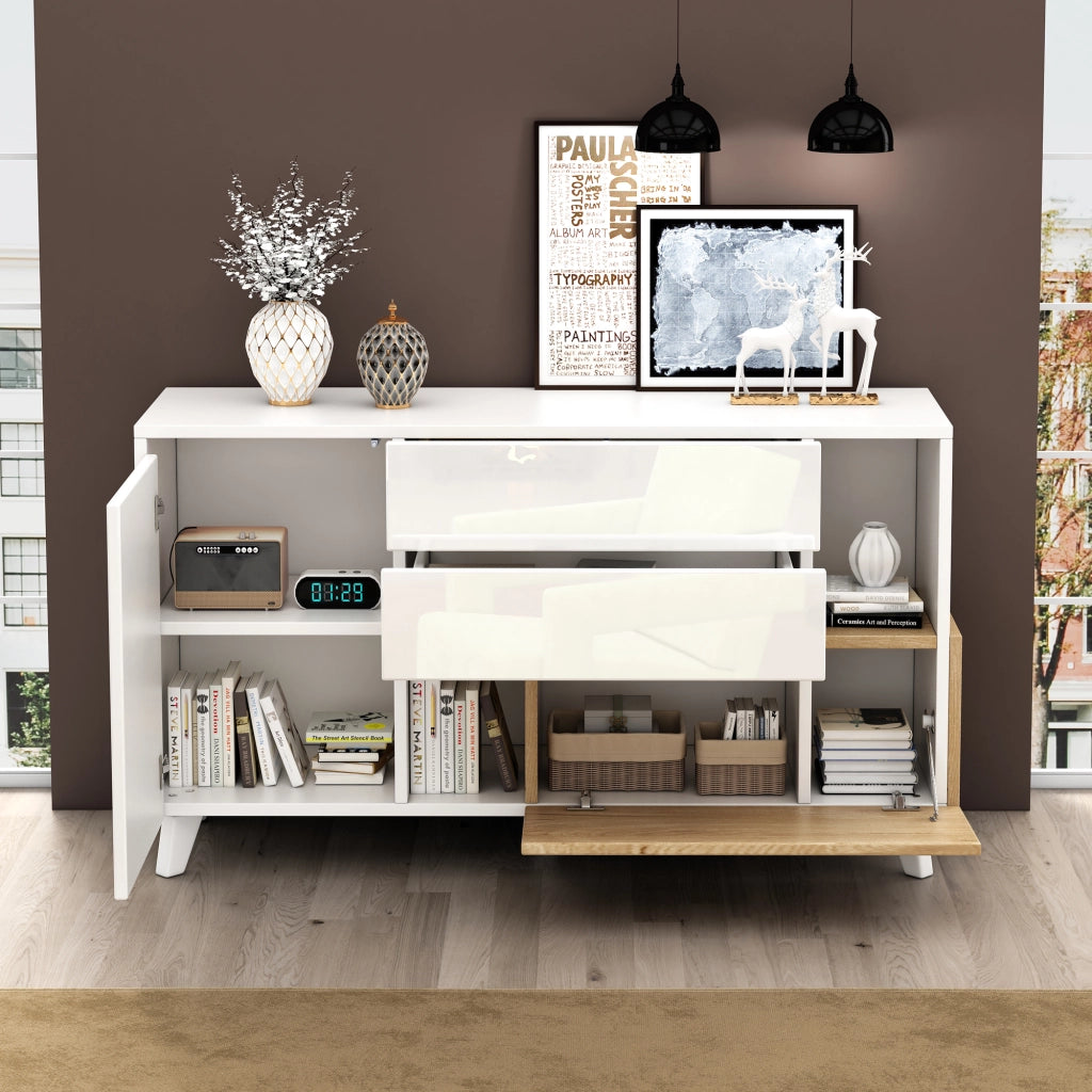 Credenza con 2 ante; 2 cassetti e ripiano regolabile per soggiorno 130x40x70 cm bianco rovere chiaro