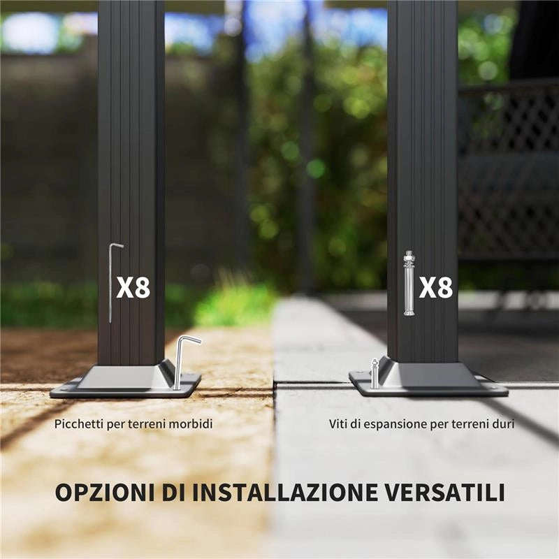 GAZEBO PERGOLA 4X4 M CON TETTUCCIO RETRATTILE, 8 VITI E 8 PICCHETTI IN ALLUMINIO, POLIESTERE E METALLO, BIANCO