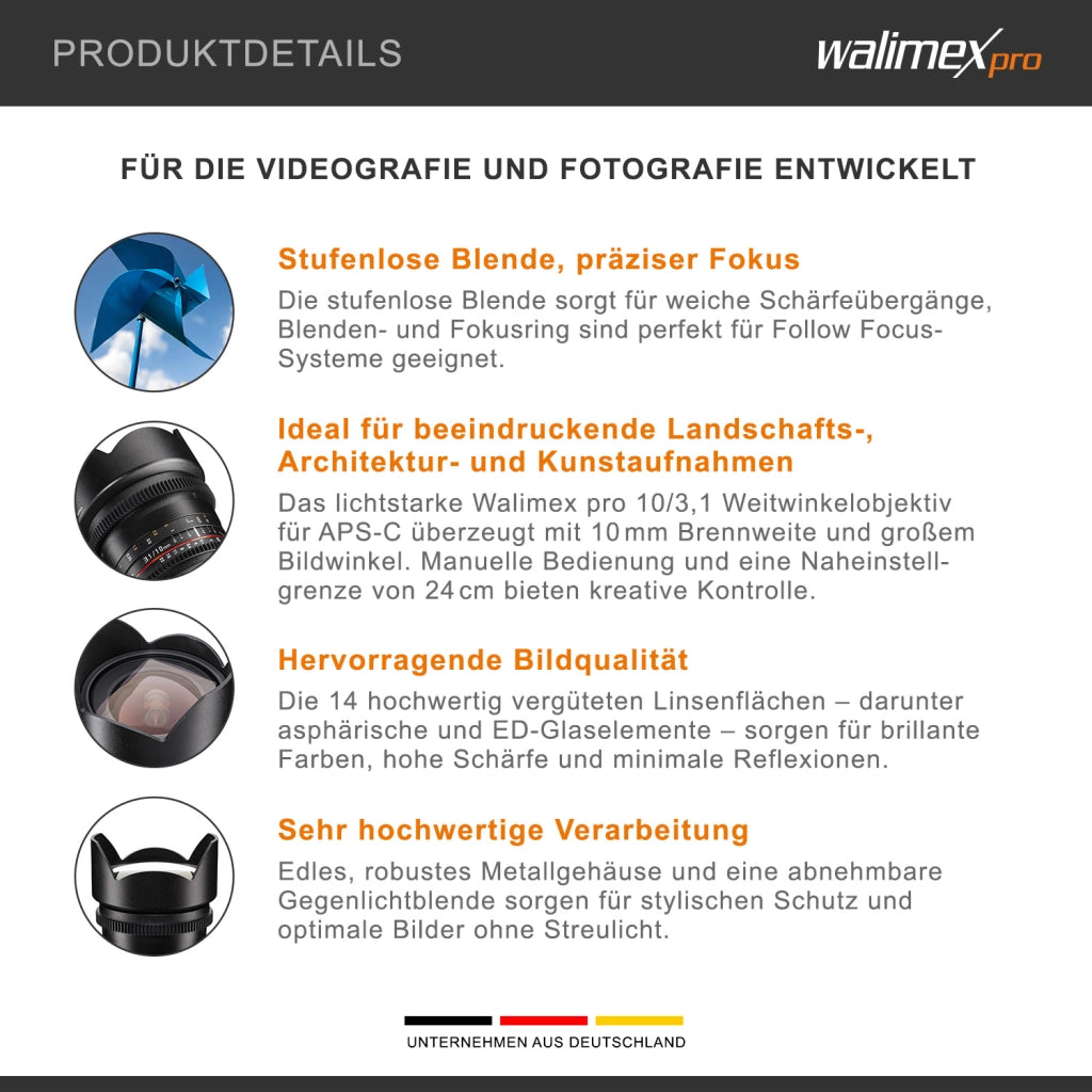 Walimex Pro 10mm 1:3.1 VCSC obiettivo grandangolare (incluso paraluce, IF, ghiera, diaframma e messa a fuoco) per Canon EF-S baionetta nera