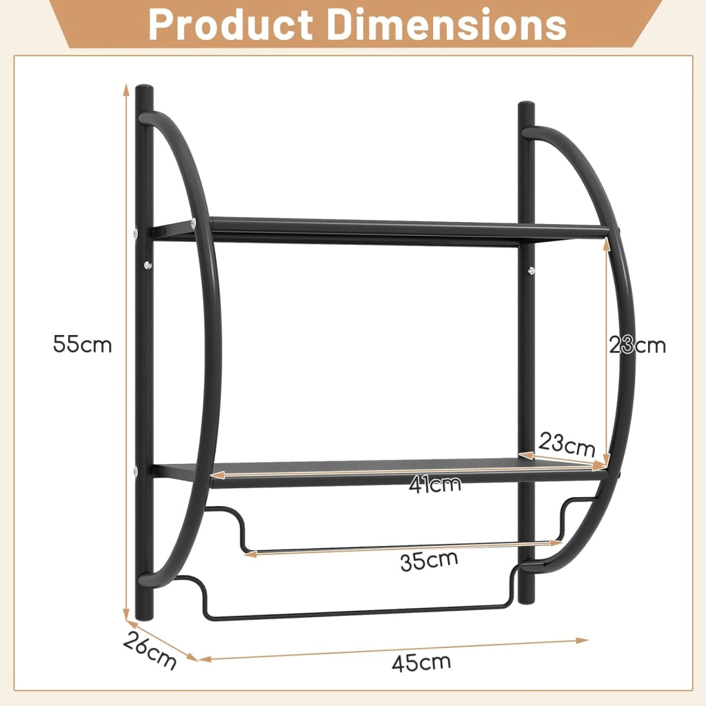 Porta Asciugamani Bagno da Parete, Mensola Bagno Doccia, Montaggio a Parete, con 2 Ripiani e 2 Portasciugamani, per Asciugamani, Antiruggine，45x25,5x55 cm (Nero)