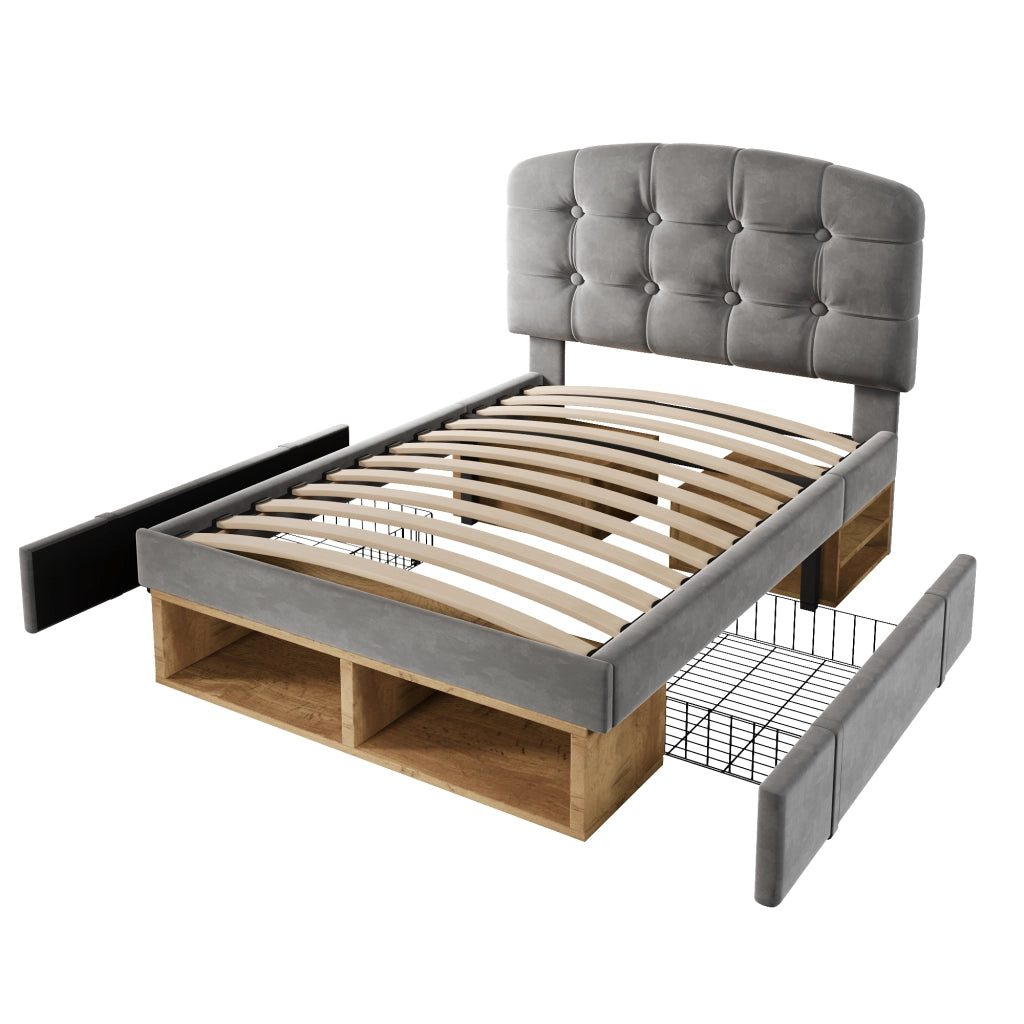Letto singolo 90x200 cm, rivestito in velluto, testiera regolabile, 2 cassetti, grigio