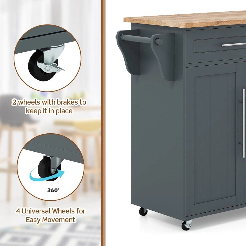 Isola di cucina mobile, carrello da cucina con ruote, 2 cassetti, armadi, portasciugamani e supporto per coltelli, ripiani regolabili, piano di lavoro in legno gomma, 121,5 x 45,5 x 92,5 cm