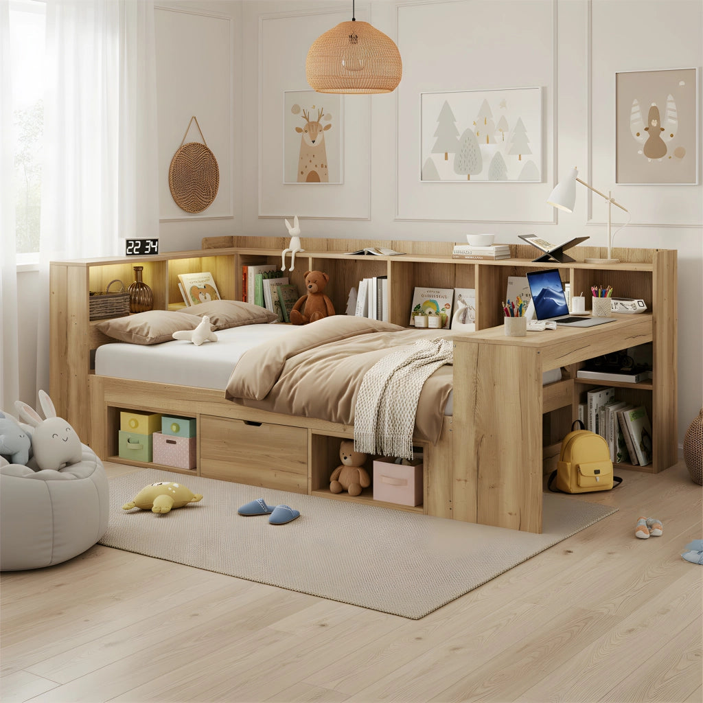 Letto Singolo con Scrivania e LED ¨C MINIMAL ¨C Legno, Contenitore, Cassetti, 90x200