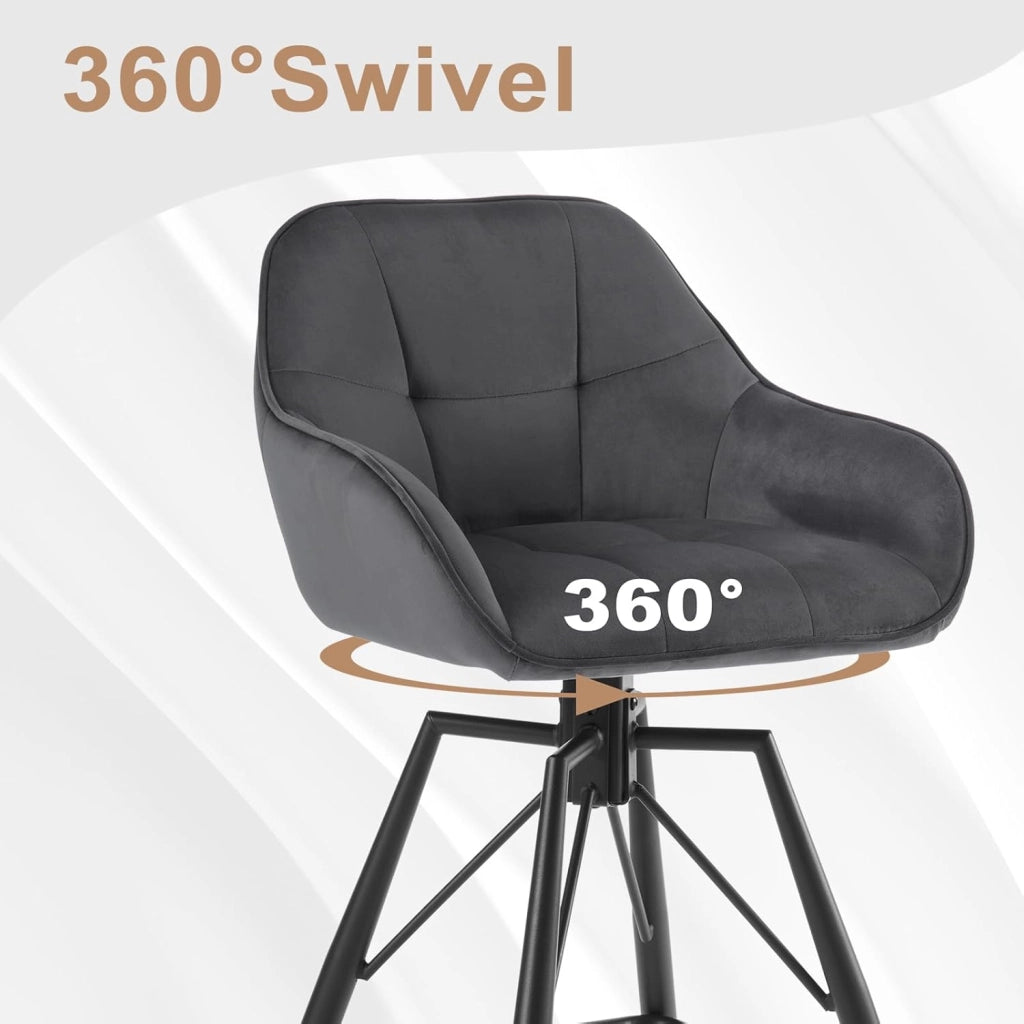 2 Pezzi Sgabello da Bar con Poggiapiedi, Sedia da Cucina con Sedile Girevole, Schienale e Braccioli, Seduta in Velluto e Gambe in Metallo, Grigio Scuro, BH397dgr-2