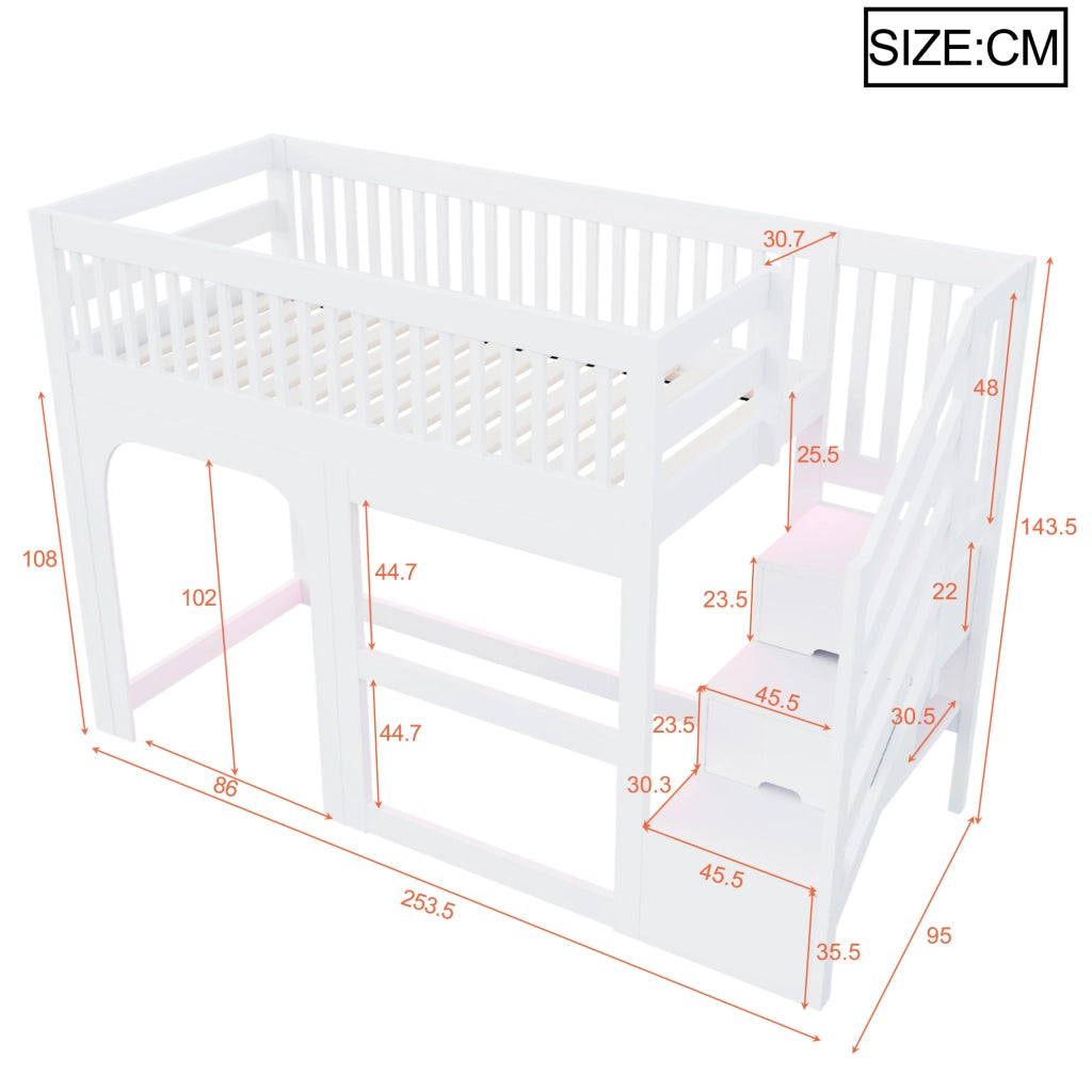 Letto a soppalco multifunzione per bambini 90 x 200 cm con scala contenitore e LED; bianco