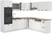 Cucina angolare completa R-Line, Bianco casa di campagna, 247 x 60 cm, PL Rovere, per disposizione flessibile ed espansione modulare