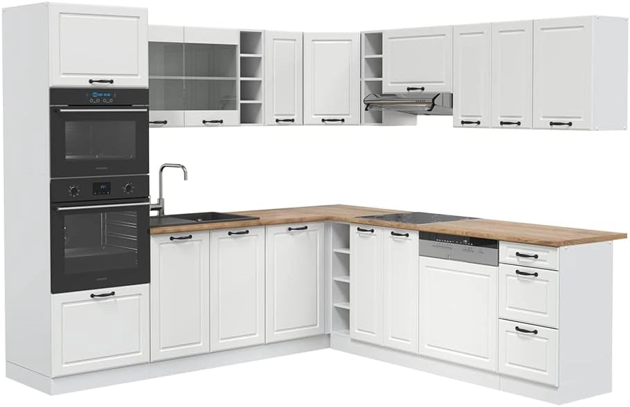 Cucina angolare completa R-Line, Bianco casa di campagna, 247 x 60 cm, PL Rovere, per disposizione flessibile ed espansione modulare