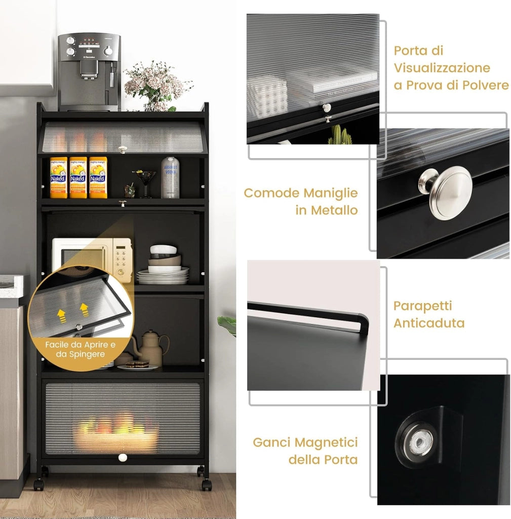 Armadio da Cucina a 5 Piani, Mobile Cucina Dispensa con Porte PC a Scomparsa, con 4 Ruote Girevoli, per Sala da Pranzo Soggiorno e Studio, 60x32x154 cm (Nero)