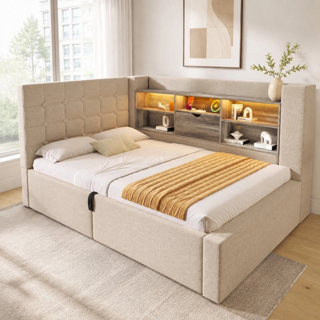 Letto singolo 90x190 cm con LED, contenitore idraulico e testiera a L, beige