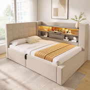 Letto singolo 90x190 cm con LED, contenitore idraulico e testiera a L, beige