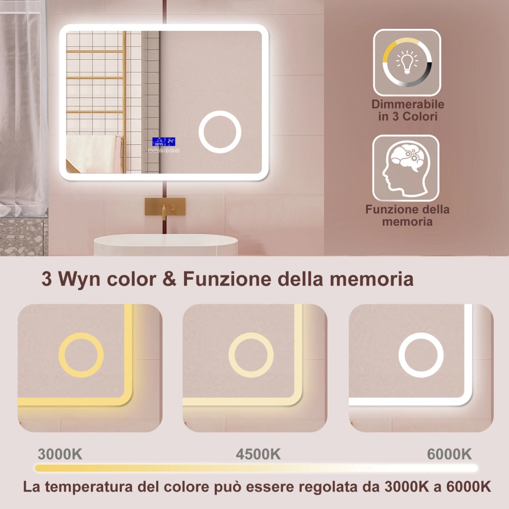 AICA Specchio da bagno  80 x 60 cm, dimmerabile, Blue tooth, Funzione Memoria, antiappannamento, 3 colori, Magnificatore,  orologio