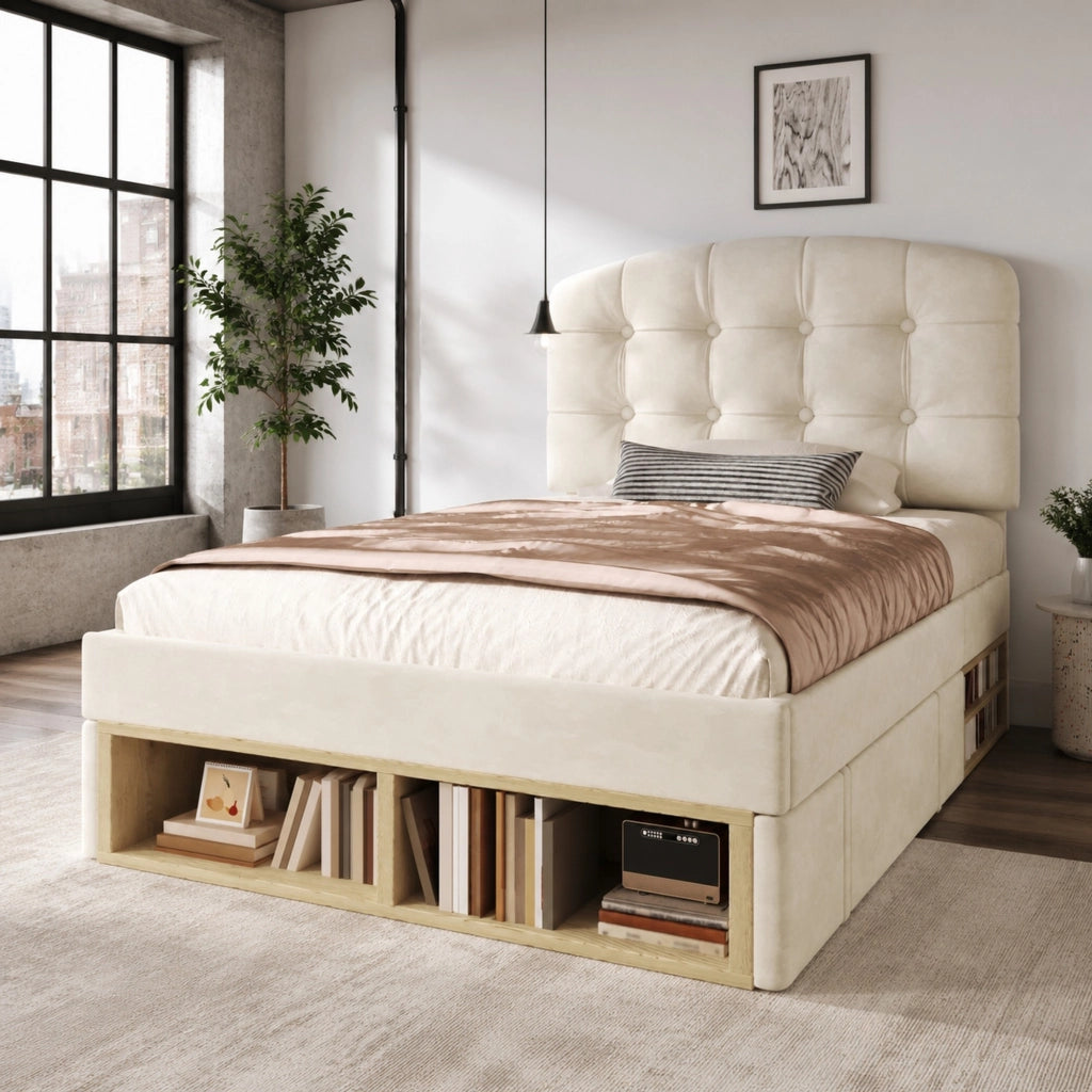 Letto singolo imbottito 90x200 cm in velluto beige con rete a doghe, testiera regolabile e cassetti contenitore